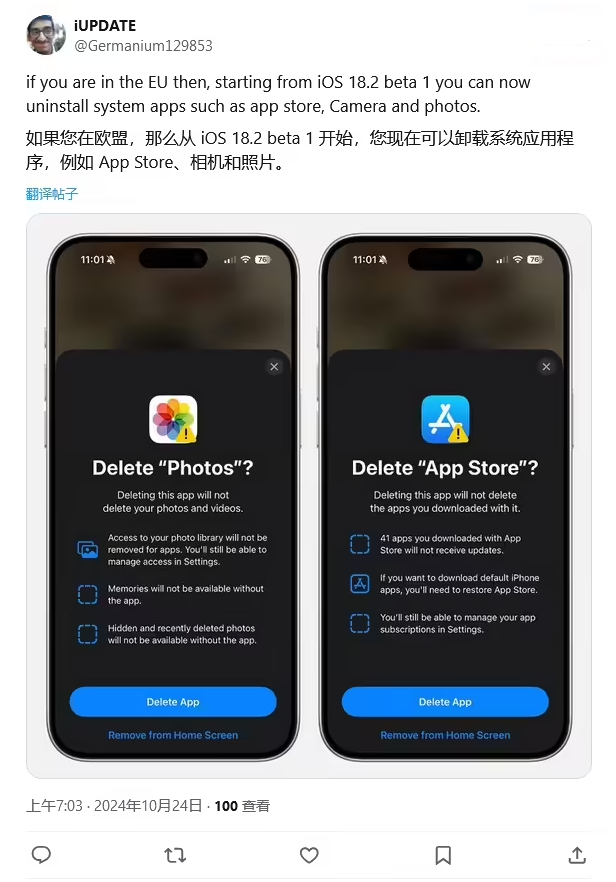 遂昌苹果手机维修分享iOS 18.2 支持删除 App Store 应用商店 